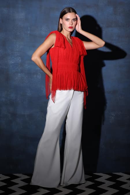 Swatee Singh_Red Polyamide V-neck Gathered Tie-up Top _Online_at_Aza_Fashions