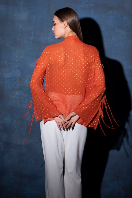 Shop Swatee Singh Brown Georgette Round Neck Scarf Collar Knot Sleeve Top at Aza Fashions Shop_Swatee Singh_Brown Georgette Round Neck Scarf Collar Knot Sleeve Top _at_Aza_Fashions