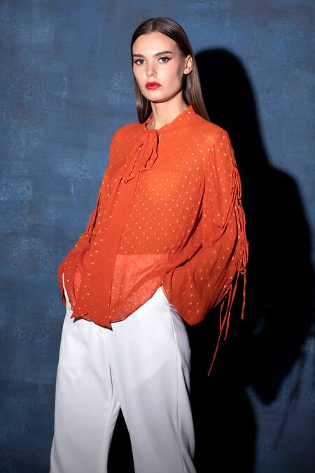 Swatee Singh Brown Georgette Round Neck Scarf Collar Knot Sleeve Top Online at Aza Fashions Swatee Singh_Brown Georgette Round Neck Scarf Collar Knot Sleeve Top _Online_at_Aza_Fashions