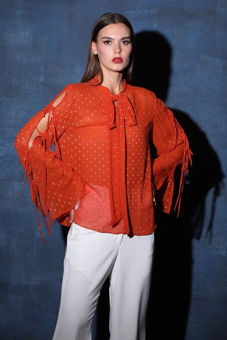 Buy Swatee Singh Brown Georgette Round Neck Scarf Collar Knot Sleeve Top Online at Aza Fashions Buy_Swatee Singh_Brown Georgette Round Neck Scarf Collar Knot Sleeve Top _Online_at_Aza_Fashions