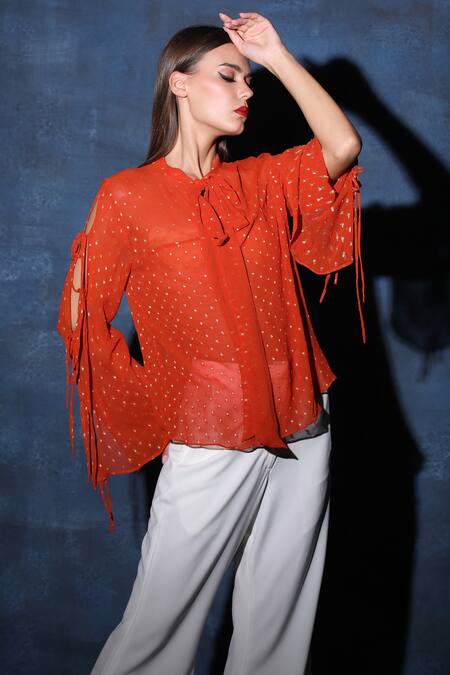 Shop Swatee Singh Brown Georgette Round Neck Scarf Collar Knot Sleeve Top Online at Aza Fashions Shop_Swatee Singh_Brown Georgette Round Neck Scarf Collar Knot Sleeve Top _Online_at_Aza_Fashions