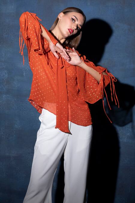 Swatee Singh Brown Georgette Round Neck Scarf Collar Knot Sleeve Top at Aza Fashions Swatee Singh_Brown Georgette Round Neck Scarf Collar Knot Sleeve Top _at_Aza_Fashions