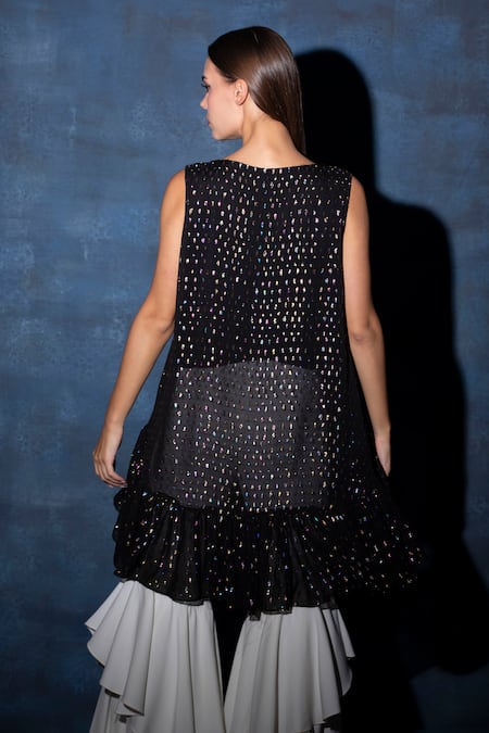 Shop_Swatee Singh_Black Georgette Round Neck Textured High Low Top _at_Aza_Fashions