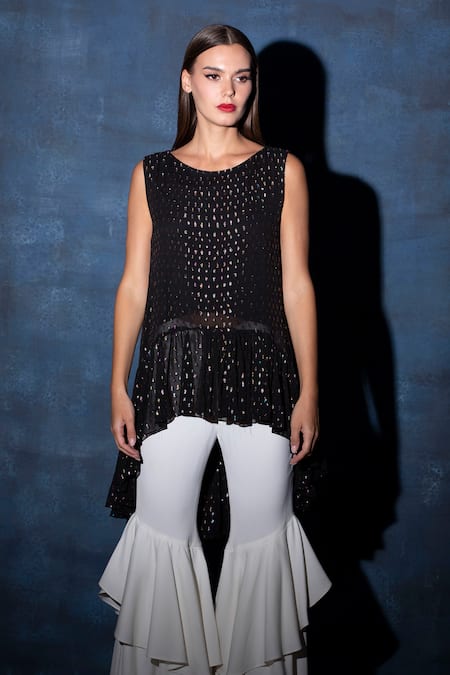Buy_Swatee Singh_Black Georgette Round Neck Textured High Low Top _Online_at_Aza_Fashions