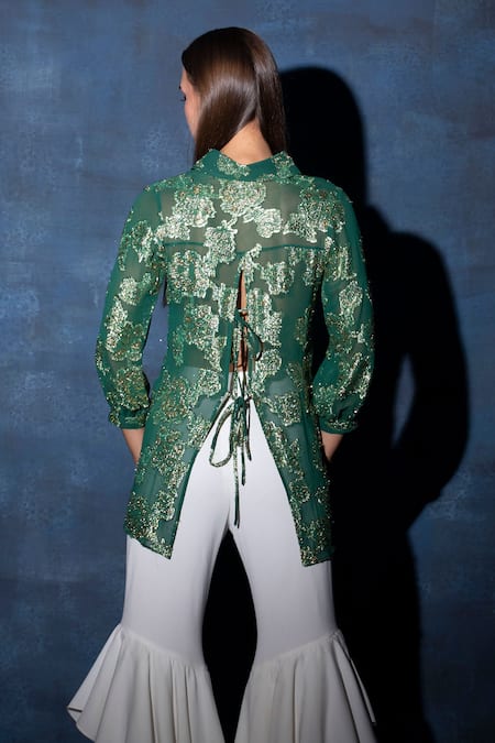 Shop Swatee Singh Green Georgette Embroidery Collared Tie-knot Back Top at Aza Fashions Shop_Swatee Singh_Green Georgette Embroidery Collared Tie-knot Back Top _at_Aza_Fashions