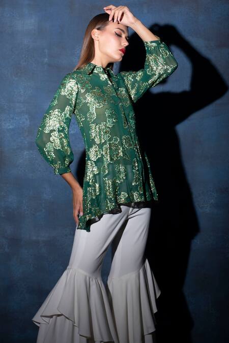 Swatee Singh Green Georgette Embroidery Collared Tie-knot Back Top Online at Aza Fashions Swatee Singh_Green Georgette Embroidery Collared Tie-knot Back Top _Online_at_Aza_Fashions