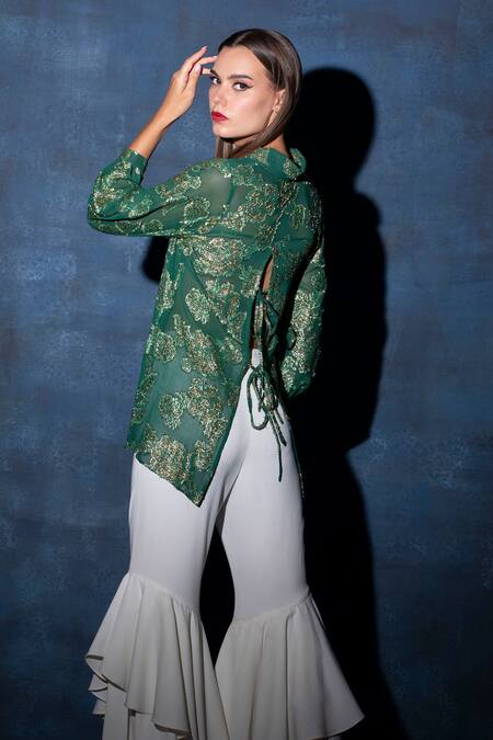 Buy Swatee Singh Green Georgette Embroidery Collared Tie-knot Back Top Online at Aza Fashions Buy_Swatee Singh_Green Georgette Embroidery Collared Tie-knot Back Top _Online_at_Aza_Fashions