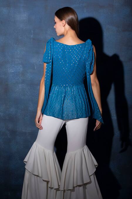 Shop_Swatee Singh_Blue Georgette V-neck Textured Tie-up Top _at_Aza_Fashions