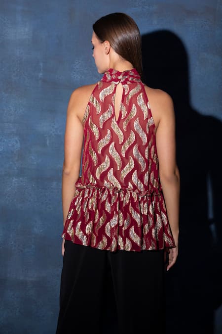 Shop Swatee Singh Maroon Georgette Embroidery Halter Neck Frilled Hem Top at Aza Fashions Shop_Swatee Singh_Maroon Georgette Embroidery Halter Neck Frilled Hem Top _at_Aza_Fashions