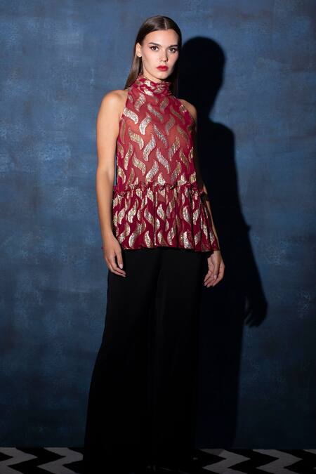 Swatee Singh Maroon Georgette Embroidery Halter Neck Frilled Hem Top Online at Aza Fashions Swatee Singh_Maroon Georgette Embroidery Halter Neck Frilled Hem Top _Online_at_Aza_Fashions