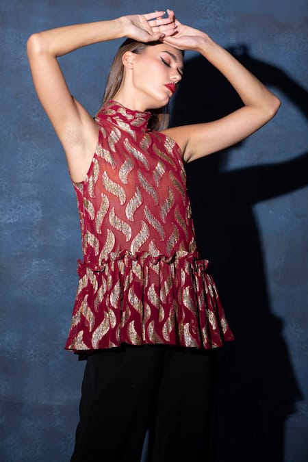 Buy Swatee Singh Maroon Georgette Embroidery Halter Neck Frilled Hem Top Online at Aza Fashions Buy_Swatee Singh_Maroon Georgette Embroidery Halter Neck Frilled Hem Top _Online_at_Aza_Fashions