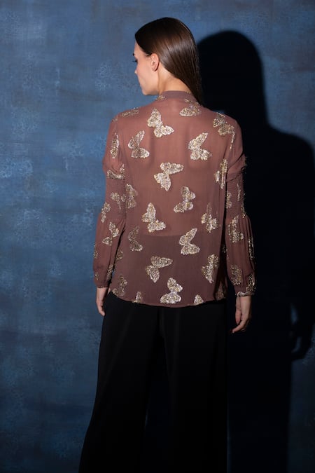 Shop Swatee Singh Brown Georgette Sequins Collared Smocked Sleeve Butterfly Motif Top at Aza Fashions Shop_Swatee Singh_Brown Georgette Sequins Collared Smocked Sleeve Butterfly Motif Top _at_Aza_Fashions