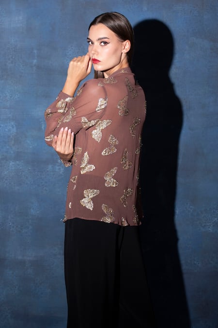 Swatee Singh Brown Georgette Sequins Collared Smocked Sleeve Butterfly Motif Top Online at Aza Fashions Swatee Singh_Brown Georgette Sequins Collared Smocked Sleeve Butterfly Motif Top _Online_at_Aza_Fashions