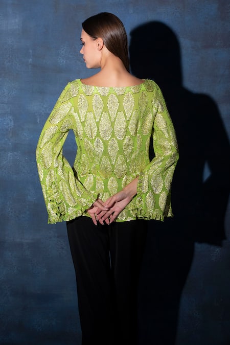 Shop Swatee Singh Green Georgette Zari V-neck Flared Sleeve Top at Aza Fashions Shop_Swatee Singh_Green Georgette Zari V-neck Flared Sleeve Top _at_Aza_Fashions