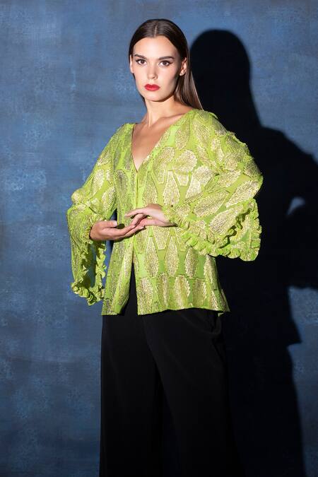 Swatee Singh Green Georgette Zari V-neck Flared Sleeve Top Online at Aza Fashions Swatee Singh_Green Georgette Zari V-neck Flared Sleeve Top _Online_at_Aza_Fashions