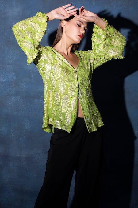 Buy Swatee Singh Green Georgette Zari V-neck Flared Sleeve Top Online at Aza Fashions Buy_Swatee Singh_Green Georgette Zari V-neck Flared Sleeve Top _Online_at_Aza_Fashions