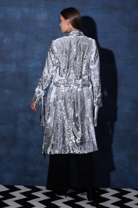 Shop Swatee Singh Silver Silk Sequins Collared Embellished Overcoat Jacket at Aza Fashions Shop_Swatee Singh_Silver Silk Sequins Collared Embellished Overcoat Jacket _at_Aza_Fashions