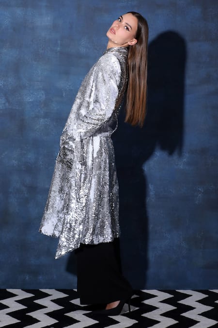 Swatee Singh Silver Silk Sequins Collared Embellished Overcoat Jacket Online at Aza Fashions Swatee Singh_Silver Silk Sequins Collared Embellished Overcoat Jacket _Online_at_Aza_Fashions