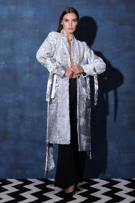 Shop Swatee Singh Silver Silk Sequins Collared Embellished Overcoat Jacket Online at Aza Fashions Shop_Swatee Singh_Silver Silk Sequins Collared Embellished Overcoat Jacket _Online_at_Aza_Fashions