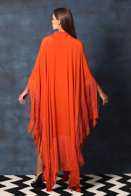 Shop Swatee Singh Orange Crepe Fringe Scoop Neck Detail Kaftan Dress at Aza Fashions Shop_Swatee Singh_Orange Crepe Fringe Scoop Neck Detail Kaftan Dress _at_Aza_Fashions