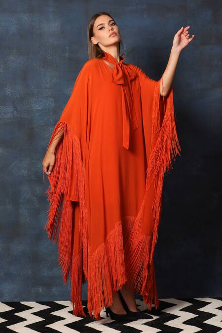 Swatee Singh Orange Crepe Fringe Scoop Neck Detail Kaftan Dress Online at Aza Fashions Swatee Singh_Orange Crepe Fringe Scoop Neck Detail Kaftan Dress _Online_at_Aza_Fashions