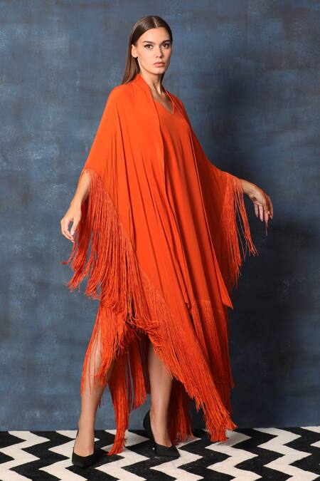 Buy Swatee Singh Orange Crepe Fringe Scoop Neck Detail Kaftan Dress Online at Aza Fashions Buy_Swatee Singh_Orange Crepe Fringe Scoop Neck Detail Kaftan Dress _Online_at_Aza_Fashions