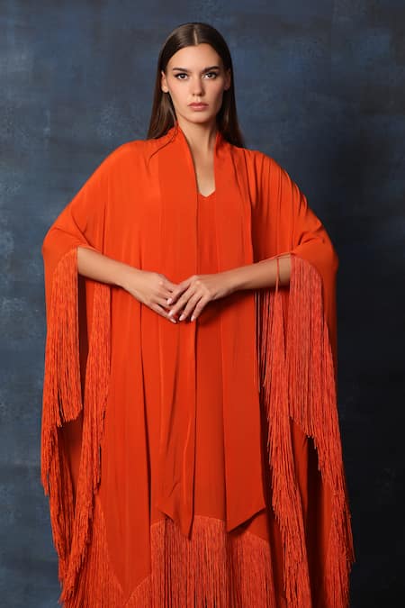 Shop Swatee Singh Orange Crepe Fringe Scoop Neck Detail Kaftan Dress Online at Aza Fashions Shop_Swatee Singh_Orange Crepe Fringe Scoop Neck Detail Kaftan Dress _Online_at_Aza_Fashions