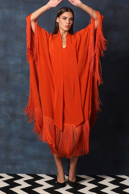 Swatee Singh Orange Crepe Fringe Scoop Neck Detail Kaftan Dress at Aza Fashions Swatee Singh_Orange Crepe Fringe Scoop Neck Detail Kaftan Dress _at_Aza_Fashions