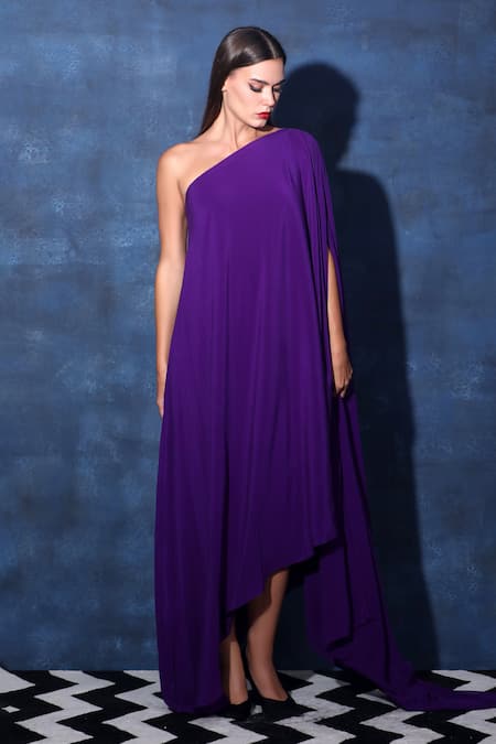 Shop_Swatee Singh_Purple Crepe One Shoulder Maxi Kaftan Dress _Online_at_Aza_Fashions