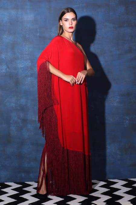 Swatee Singh Red Crepe Fringe One Shoulder Contrast Maxi Kaftan Dress Online at Aza Fashions Swatee Singh_Red Crepe Fringe One Shoulder Contrast Maxi Kaftan Dress _Online_at_Aza_Fashions