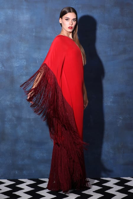 Buy Swatee Singh Red Crepe Fringe One Shoulder Contrast Maxi Kaftan Dress Online at Aza Fashions Buy_Swatee Singh_Red Crepe Fringe One Shoulder Contrast Maxi Kaftan Dress _Online_at_Aza_Fashions