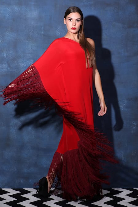 Shop Swatee Singh Red Crepe Fringe One Shoulder Contrast Maxi Kaftan Dress Online at Aza Fashions Shop_Swatee Singh_Red Crepe Fringe One Shoulder Contrast Maxi Kaftan Dress _Online_at_Aza_Fashions