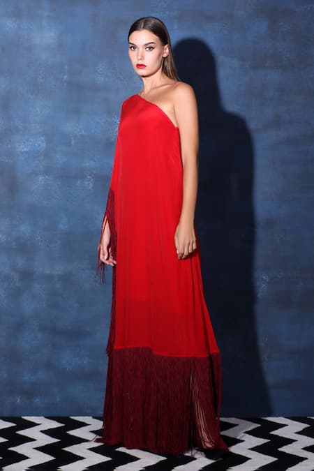 Swatee Singh Red Crepe Fringe One Shoulder Contrast Maxi Kaftan Dress at Aza Fashions Swatee Singh_Red Crepe Fringe One Shoulder Contrast Maxi Kaftan Dress _at_Aza_Fashions