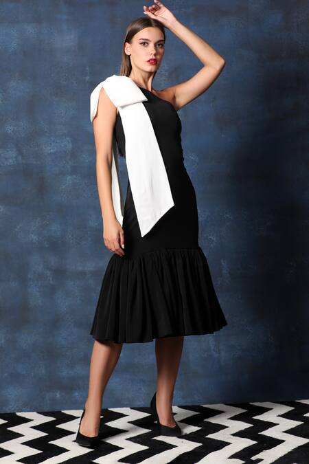 Swatee Singh Black Crepe One Shoulder Bow Mania Dress Online at Aza Fashions Swatee Singh_Black Crepe One Shoulder Bow Mania Dress _Online_at_Aza_Fashions