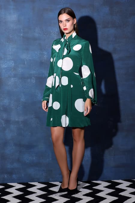 Shop_Swatee Singh_Green Crepe Scoop Neck Polka Mystic Scarf Collar Dress _Online_at_Aza_Fashions