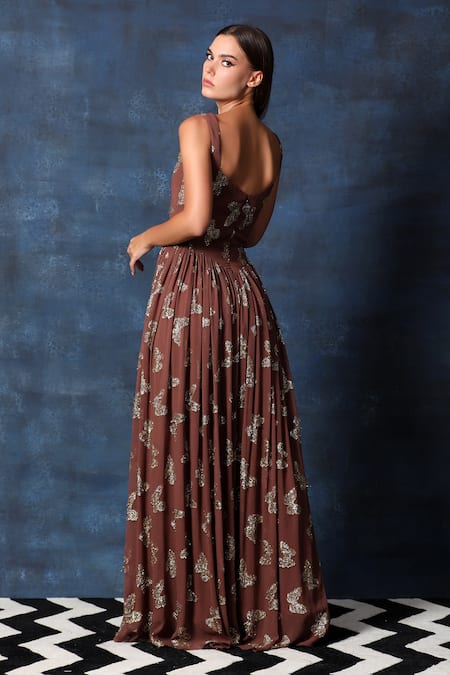Shop Swatee Singh Brown Georgette Embroidery Round Neck Butterfly Embellished Jewel Gown at Aza Fashions Shop_Swatee Singh_Brown Georgette Embroidery Round Neck Butterfly Embellished Jewel Gown _at_Aza_Fashions