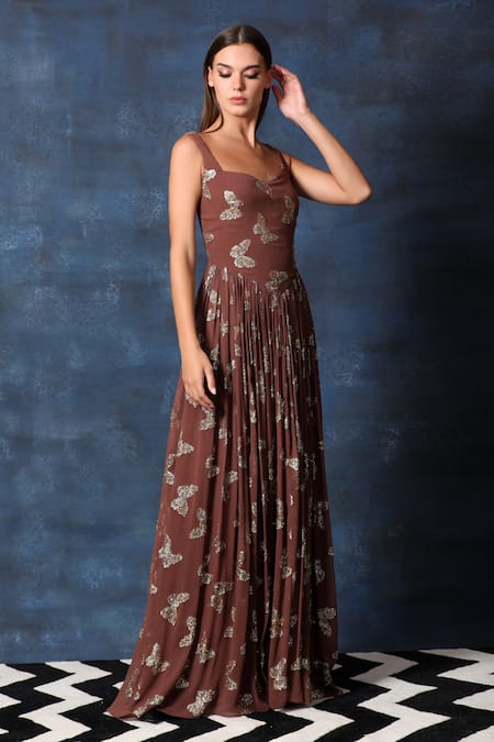 Buy Swatee Singh Brown Georgette Embroidery Round Neck Butterfly Embellished Jewel Gown Online at Aza Fashions Buy_Swatee Singh_Brown Georgette Embroidery Round Neck Butterfly Embellished Jewel Gown _Online_at_Aza_Fashions
