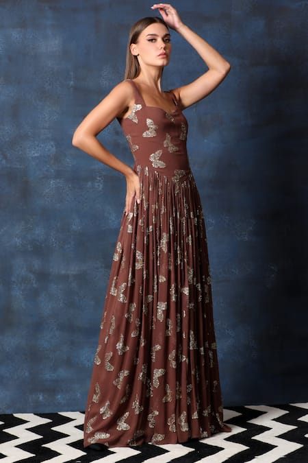 Shop Swatee Singh Brown Georgette Embroidery Round Neck Butterfly Embellished Jewel Gown Online at Aza Fashions Shop_Swatee Singh_Brown Georgette Embroidery Round Neck Butterfly Embellished Jewel Gown _Online_at_Aza_Fashions