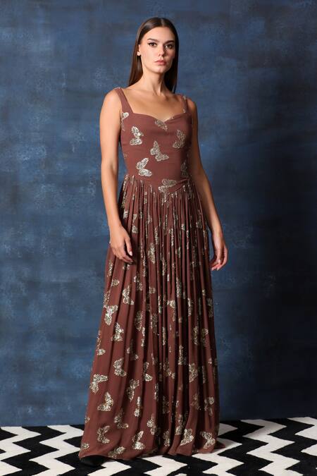 Swatee Singh Brown Georgette Embroidery Round Neck Butterfly Embellished Jewel Gown at Aza Fashions Swatee Singh_Brown Georgette Embroidery Round Neck Butterfly Embellished Jewel Gown _at_Aza_Fashions