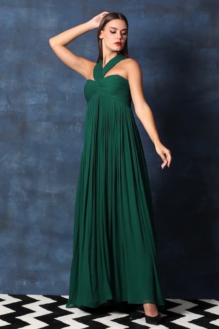 Buy Swatee Singh Green Georgette Crew Neck Criss Cross Pleated High Waist Gown Online at Aza Fashions Buy_Swatee Singh_Green Georgette Crew Neck Criss Cross Pleated High Waist Gown _Online_at_Aza_Fashions