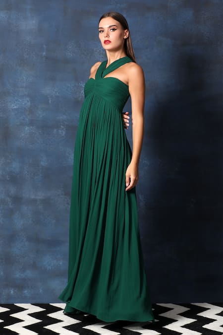 Shop Swatee Singh Green Georgette Crew Neck Criss Cross Pleated High Waist Gown Online at Aza Fashions Shop_Swatee Singh_Green Georgette Crew Neck Criss Cross Pleated High Waist Gown _Online_at_Aza_Fashions