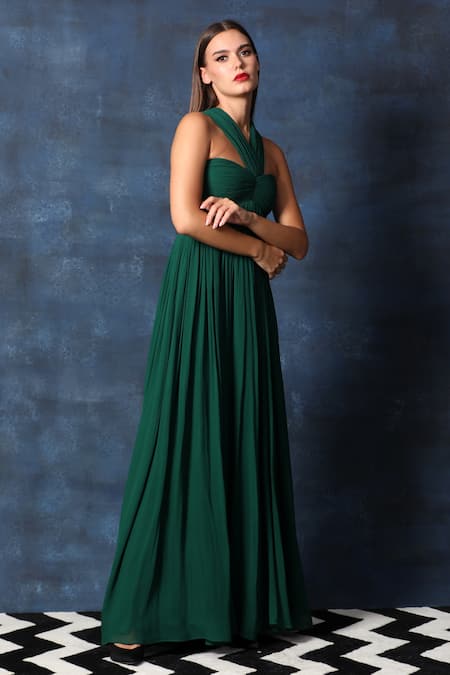 Swatee Singh Green Georgette Crew Neck Criss Cross Pleated High Waist Gown at Aza Fashions Swatee Singh_Green Georgette Crew Neck Criss Cross Pleated High Waist Gown _at_Aza_Fashions