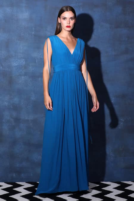 Swatee Singh_Blue Georgette V-neck Gathered V Gown _at_Aza_Fashions