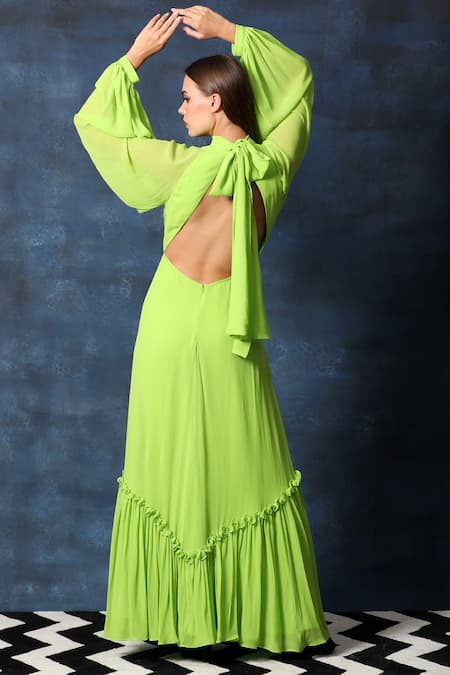 Swatee Singh Pleated Bodice Bishop Sleeves Maxi Gown