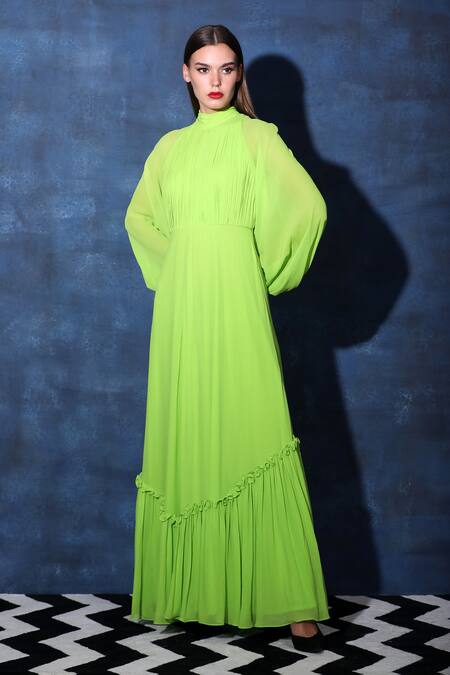 Swatee Singh Green Georgette High Neck Pleated Bodice Bishop Sleeves Maxi Gown Online at Aza Fashions Swatee Singh_Green Georgette High Neck Pleated Bodice Bishop Sleeves Maxi Gown _Online_at_Aza_Fashions