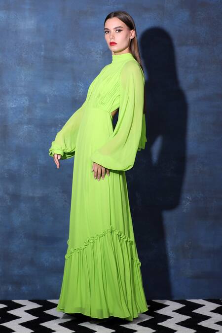 Swatee Singh Green Georgette High Neck Pleated Bodice Bishop Sleeves Maxi Gown at Aza Fashions Swatee Singh_Green Georgette High Neck Pleated Bodice Bishop Sleeves Maxi Gown _at_Aza_Fashions