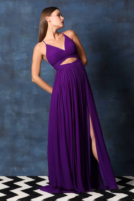 Shop Swatee Singh Purple Georgette Halter Neck V Backless Gown Online at Aza Fashions Shop_Swatee Singh_Purple Georgette Halter Neck V Backless Gown _Online_at_Aza_Fashions