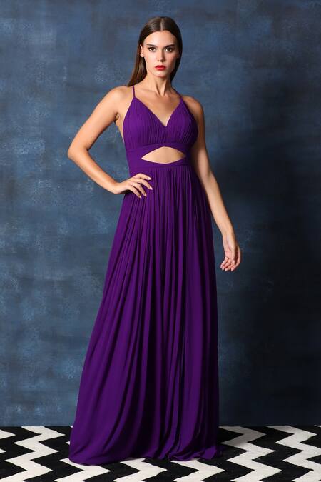 Swatee Singh Purple Georgette Halter Neck V Backless Gown at Aza Fashions Swatee Singh_Purple Georgette Halter Neck V Backless Gown _at_Aza_Fashions