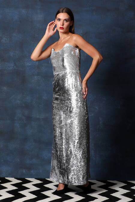 Swatee Singh Silver Silk Sequins Off-shoulder Starry Corset Gown Online at Aza Fashions Swatee Singh_Silver Silk Sequins Off-shoulder Starry Corset Gown _Online_at_Aza_Fashions
