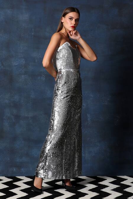 Shop Swatee Singh Silver Silk Sequins Off-shoulder Starry Corset Gown Online at Aza Fashions Shop_Swatee Singh_Silver Silk Sequins Off-shoulder Starry Corset Gown _Online_at_Aza_Fashions